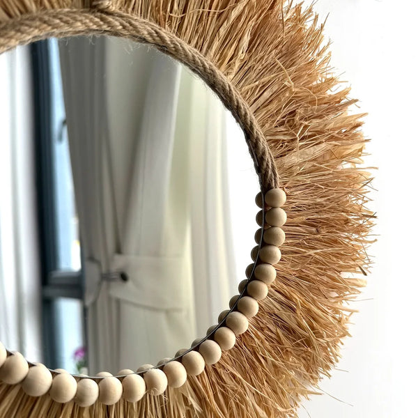 Handmade Boho Raffia Mirror Wall Hanging Decor Rustic  Boho Circle Acrylic Mirrors with Wood Bead Farmhouse Aesthetic Nursery