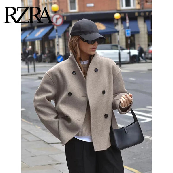 RZRA Autumn New Women's Clothing 2024 Two-Color Fashion Temperament Versatile Double-breasted Woolen Jacket Coat Women