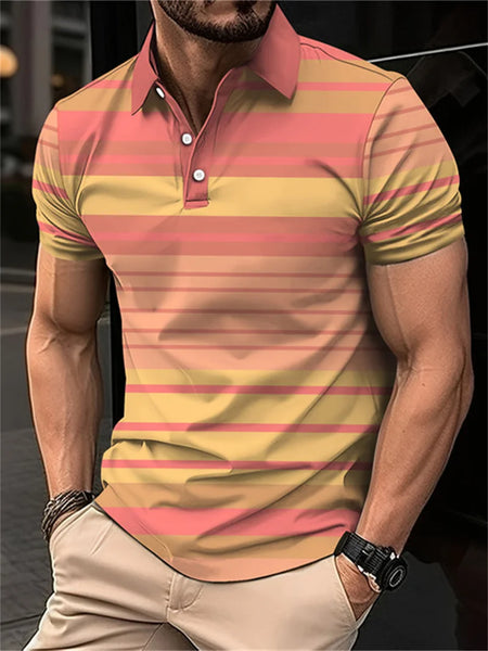 2024 New men's short sleeved 3D digital printing summer lapel contrasting striped polo shirt for men's business and leisure top