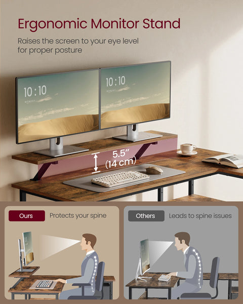 VASAGLE L-Shaped Desk with 2 Spacious Drawers, Gaming Desk with Monitor Stand, Corner Desk, Computer Desk