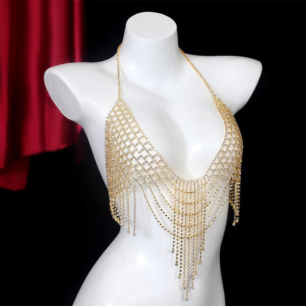 Luxury Grid Water Droplets Tassels Bikini Style Rhinestone Chest Chain Nightclub Women's Body Chain