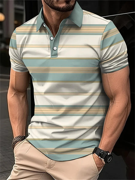 2024 New men's short sleeved 3D digital printing summer lapel contrasting striped polo shirt for men's business and leisure top