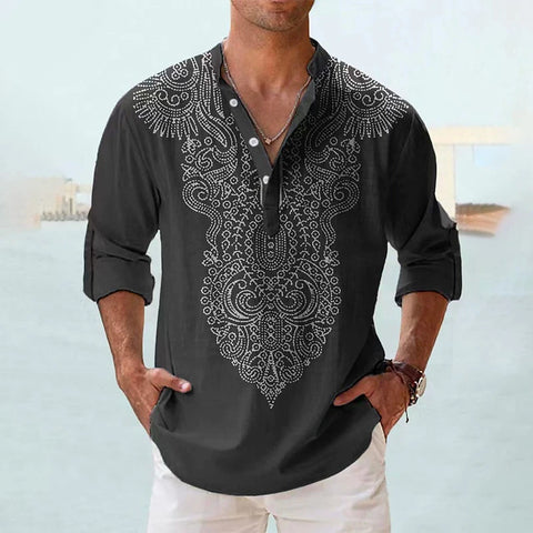 Ethnic Style 3D Print Henley Shirts Men's Fashion Vintage Oversized Stand Collar Long Sleeve Shirt Male Tops Blouse Man Clothing