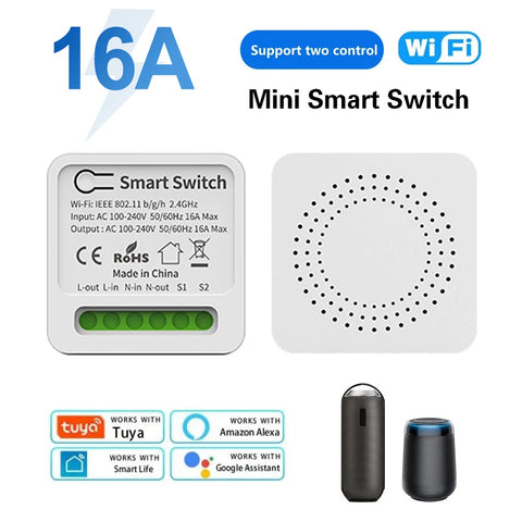 Wifi Mini Smart Switch 16A DIY Light Switch 2 Way Wireless Control Smart Home with Tuya Smart Life Alexa Alice Google Home