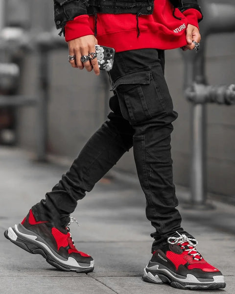 Jeans Men Black Cargo Pants Multi Pockets Denim Pantalones Blue Slim Fit Overol Hombre Fashion Casual Streetwear Trousers 3XL