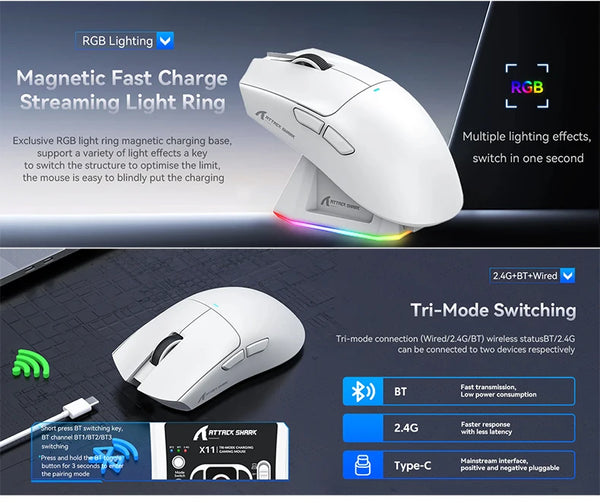 Attack Shark X11  Bluetooth Wireless Mouse Three Mode 2.4G PAW3311  RGB  PC Magnetic charging dock ,Gaming E-sports Mouse