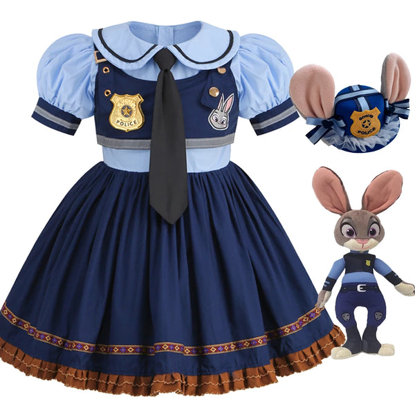 Movie Zootropolis Judy Cosplay Costume Kid Dress Tie Headdress Belt Socks Set Girl Police Role Play Uniform Christmas Party Gift