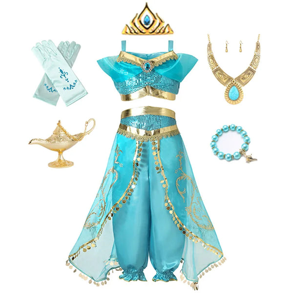 Jasmine Princess Dress for Girls Birthday Party Carnival Cosplay Aladdin Magic Lamp Costume Kids Vestidos Set Outfits Clothing