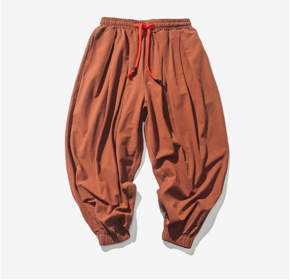 Men's 9-inch casual pants  spring and autumn loose Harun pants  linen lantern pants  men's summer thin ice silk wide leg pants