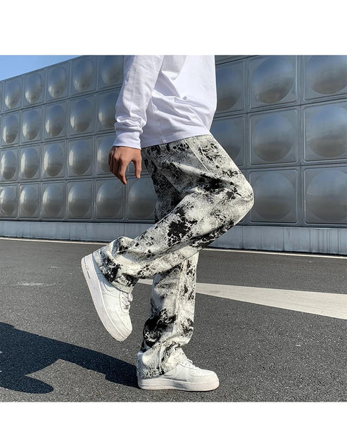 Mens Fashion Printed jeans Spring 2023 Mopping Trousers Jeans Korean Style High Street Loose Hip Hop Wide-leg Jean Pants