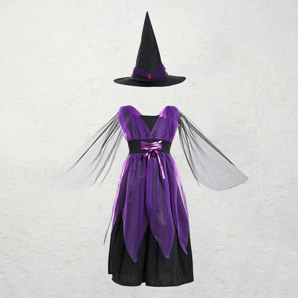 4 Pieces Dress Set Evil Villain Apparel Halloween Ugly Hag Witch Costume Role Play Pretend Girls Wizard Gown with Hat +Bag+Wand