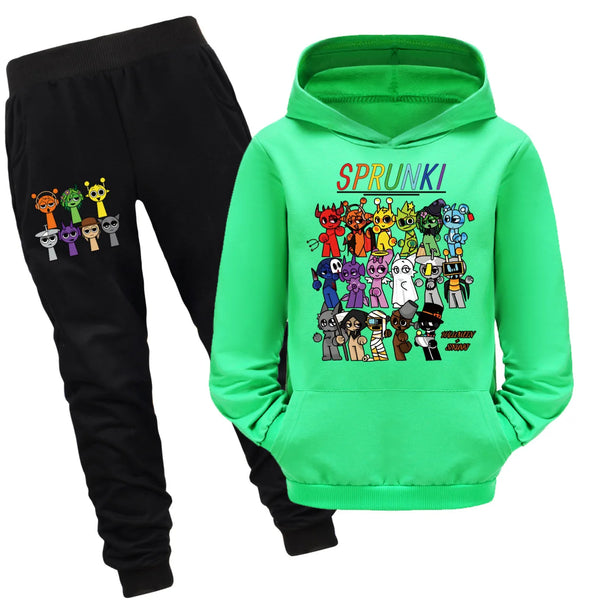 Cute Sprunki Cartoon Clothes Set for Kids Game Incredibox Hoodie Children Fall Hooded Sweatshirts Pants 2pcs Set Boys Outfits