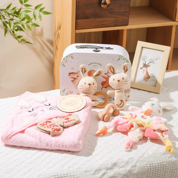 Baby Bath Towel Muslin Cotton Baby Shower with Security Blanket Cartoon Pink Bunny Baby Care Essentials Utensils Towel Gifts 8pc