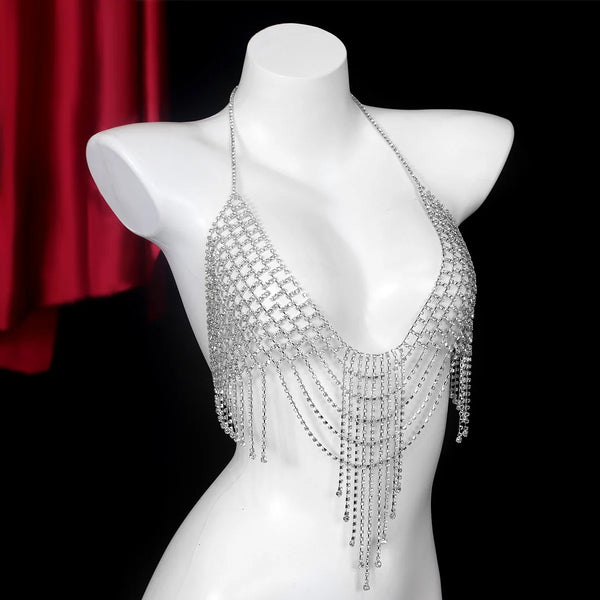 Luxury Grid Water Droplets Tassels Bikini Style Rhinestone Chest Chain Nightclub Women's Body Chain