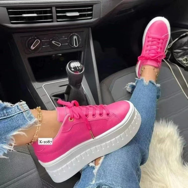 2024 Women Sneakers Solid Color Pu White Shoes Skateboard Height Increased Platform Vulcanized Casual Winter Lady Lace-Up Flats