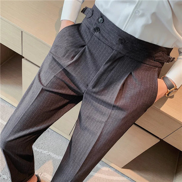 British Style Men High Waist Casual Dress Pant Men Belt Design Slim Trousers Formal Office Social Wedding Party Dress Suit Pants