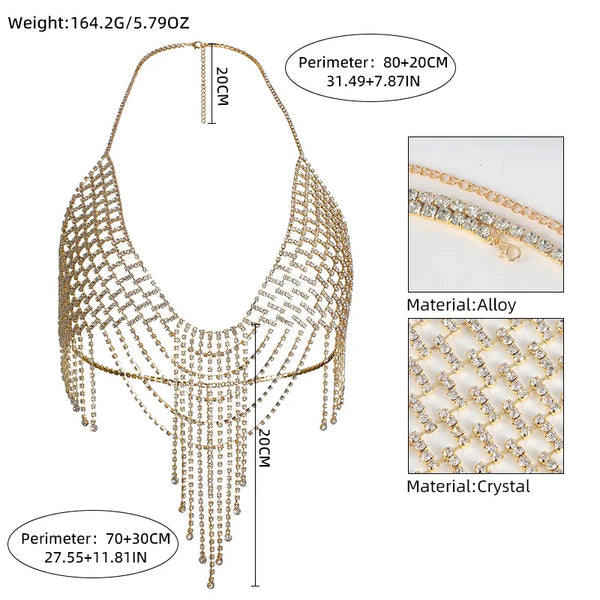 Luxury Grid Water Droplets Tassels Bikini Style Rhinestone Chest Chain Nightclub Women's Body Chain