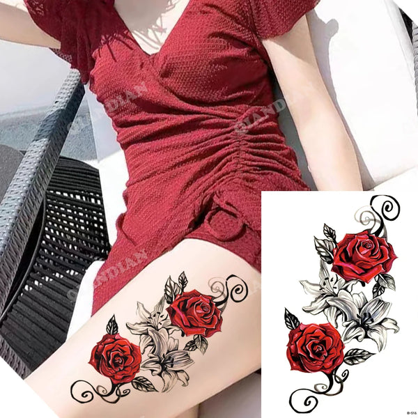 Black Flower Rose Waterproof Temporary Bird Snake Sexy Body Arm Leg Gem Henna Tattoo Fashion Big Fake Sleeve Sticker