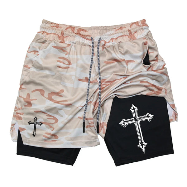 Cross Print 2 in 1 Workout Running Shorts for Men Christian Gym Athletic Shorts with Compression Liner Phone Pocket Towel Loop