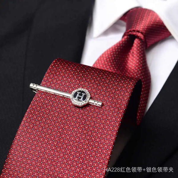 High Quality Red and Blue 8CM Wide Edition Men's Fashionable Business Banquet Shirt Accessories Handcrafted Tie and Tie Clip