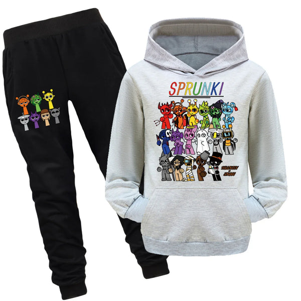 Cute Sprunki Cartoon Clothes Set for Kids Game Incredibox Hoodie Children Fall Hooded Sweatshirts Pants 2pcs Set Boys Outfits