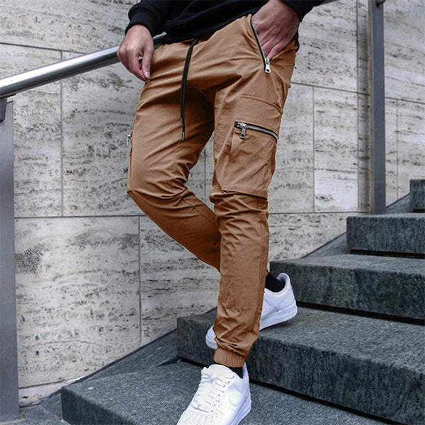 Men's casual overalls spring and autumn new drawstring fashion personality zipper pocket small foot pencil pants long pants