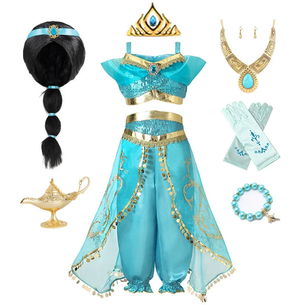 Jasmine Princess Dress for Girls Birthday Party Carnival Cosplay Aladdin Magic Lamp Costume Kids Vestidos Set Outfits Clothing