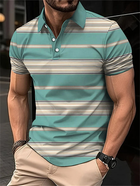 2024 New men's short sleeved 3D digital printing summer lapel contrasting striped polo shirt for men's business and leisure top