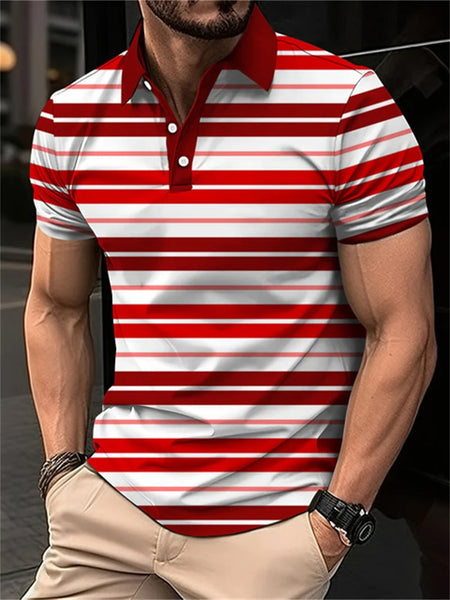 2024 New men's short sleeved 3D digital printing summer lapel contrasting striped polo shirt for men's business and leisure top