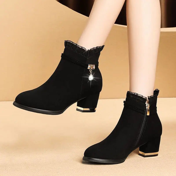 2023 New Autumn Fashion Boots Women Fur Winter Warm Pointed Ankle Boots Sexy High Heel Rhinestone Decoration Zipper Women Boots