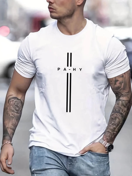 2024 Men's 100% Pure Cotton Short Sleeved T-shirt, Round Neck Top, Letter Pattern Print, Comfortable, Casual, Summer, Loose Size