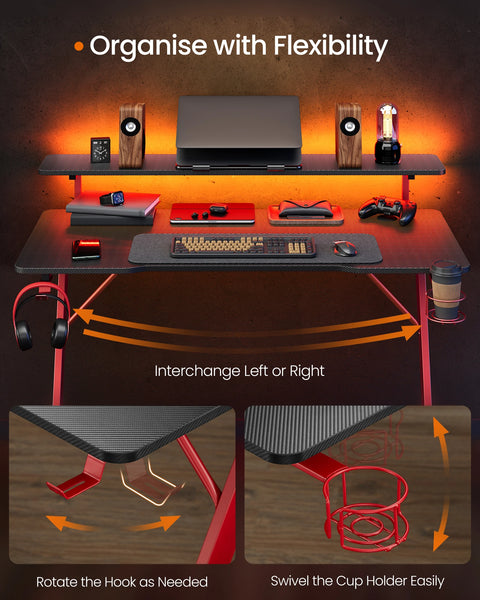 SONGMICS HOME Gaming Desk with LED Lights, Z-Shaped Computer Desk with Monitor Stand, Cup Holder and Headphone Hook