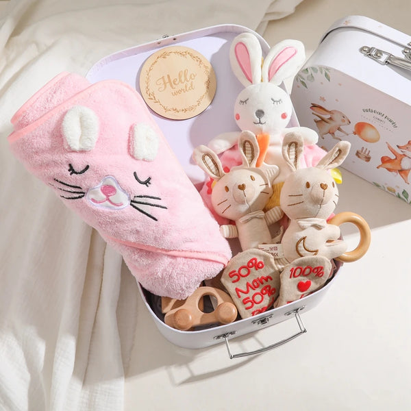 Baby Bath Towel Muslin Cotton Baby Shower with Security Blanket Cartoon Pink Bunny Baby Care Essentials Utensils Towel Gifts 8pc