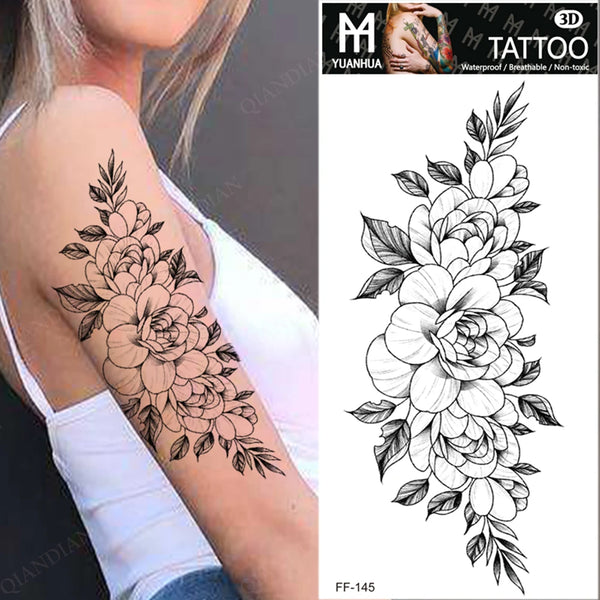 Black Flower Temporary Tattoos Sticker Arm Sleeve Rose Moon Butterfly Snake Henna Body Decorate Realistic Fake 3D Women Totem