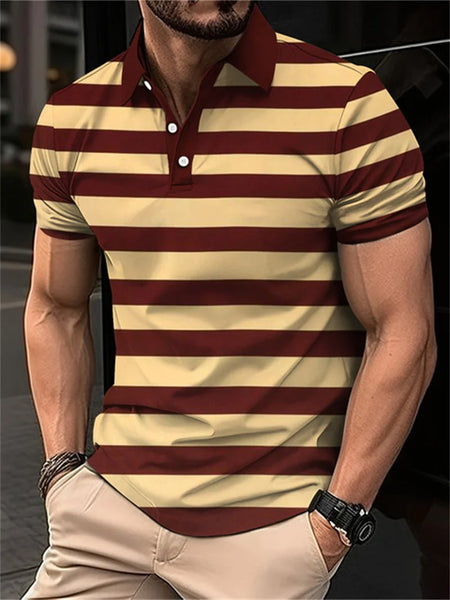 2024 New men's short sleeved 3D digital printing summer lapel contrasting striped polo shirt for men's business and leisure top