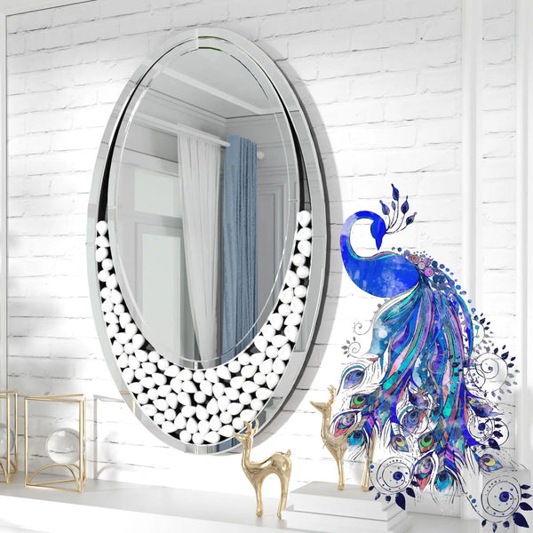 60x105CM Modern Oval Wall Mirror with Bling Effect Silver Venetian Accent Mirror for Hallway Bathroom Decor