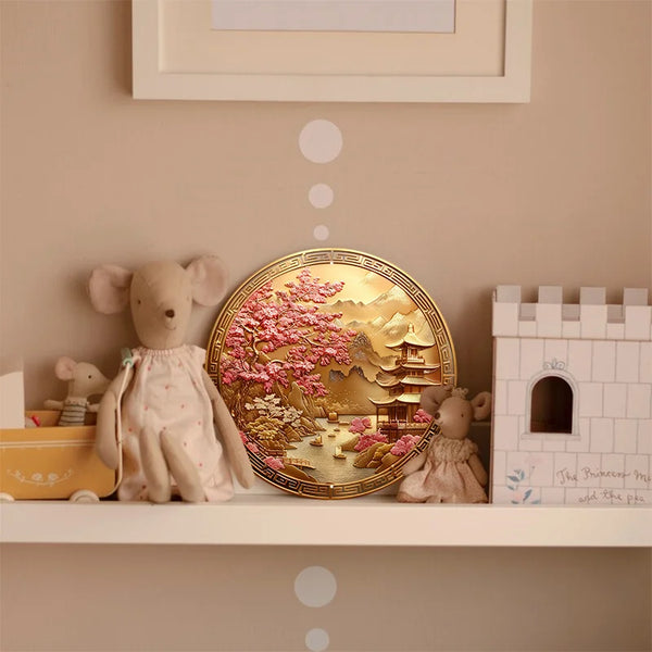 A Golden Medallion That Contains A Traditional Design Of Chinese Cherry Blossom Artwork, Door Hanger Sign Wall ,Metal Decor Sign