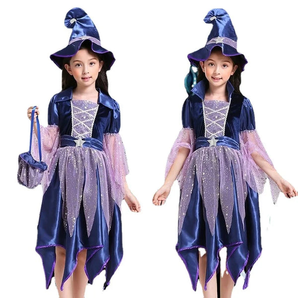 4 Pieces Dress Set Evil Villain Apparel Halloween Ugly Hag Witch Costume Role Play Pretend Girls Wizard Gown with Hat +Bag+Wand