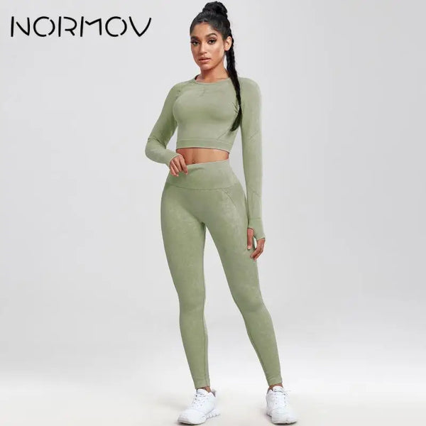 NORMOV Ribbed Seamless Women Sports Set 1-2 Pieces Yoga Set Leggings Sports Bra Fitness Suits Workout Sets For Women Sportswear