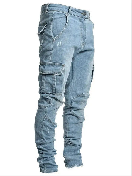 Jeans Men Black Cargo Pants Multi Pockets Denim Pantalones Blue Slim Fit Overol Hombre Fashion Casual Streetwear Trousers 3XL