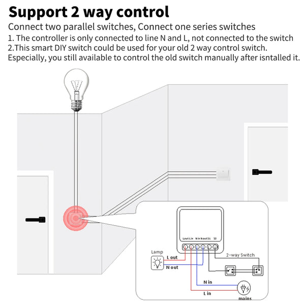 Wifi Mini Smart Switch 16A DIY Light Switch 2 Way Wireless Control Smart Home with Tuya Smart Life Alexa Alice Google Home