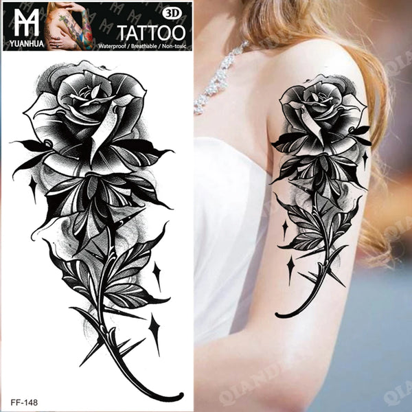 Black Flower Temporary Tattoos Sticker Arm Sleeve Rose Moon Butterfly Snake Henna Body Decorate Realistic Fake 3D Women Totem