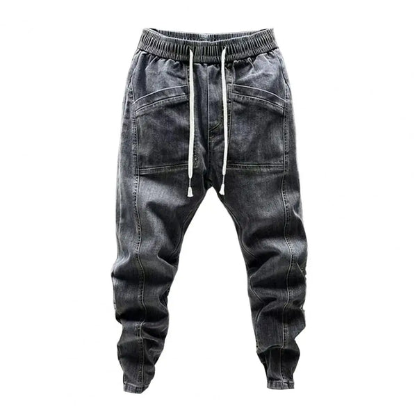 Spring Autumn Men Jeans Elastic Drawstring Waist Pockets Denim Trousers Solid Color Casual Cargo Harem Pants Men's Clothing