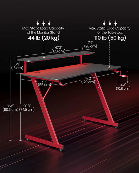 SONGMICS HOME Gaming Desk with LED Lights, Z-Shaped Computer Desk with Monitor Stand, Cup Holder and Headphone Hook