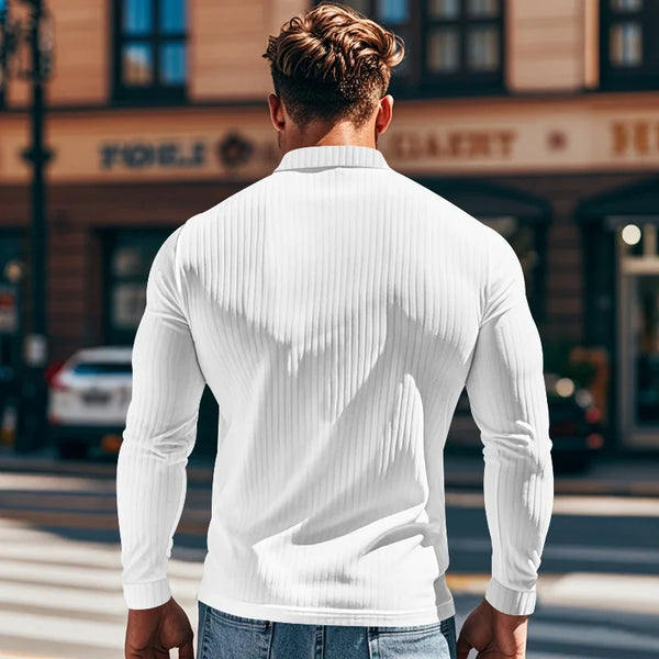 New Men's Polo Shirt Long Sleeve Button-down Solid Color Popular Pullover Knitwear Streetwear Clothing