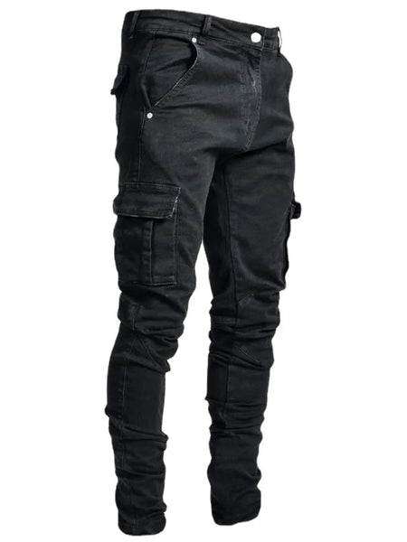 Jeans Men Black Cargo Pants Multi Pockets Denim Pantalones Blue Slim Fit Overol Hombre Fashion Casual Streetwear Trousers 3XL