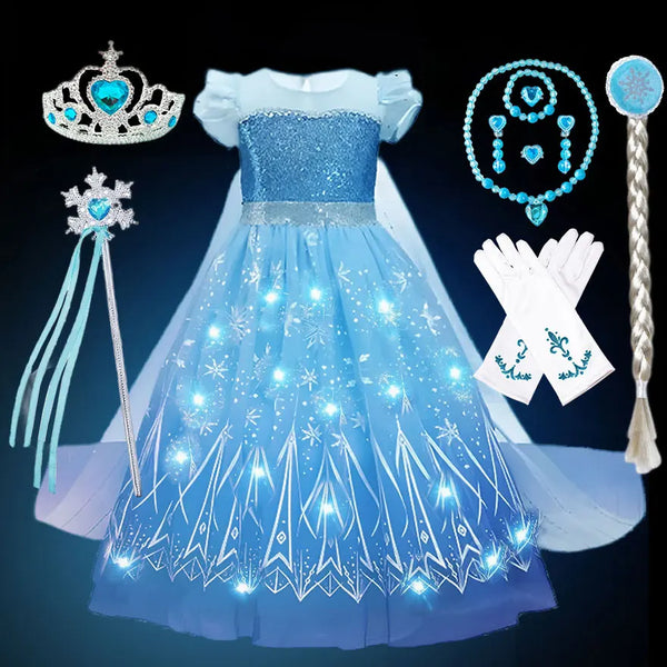 2024 Stunning Frozen Elsa Dress with LED Light Girls Role Play Princess Apparel Toddler Snow Queen Light up Disney Fairy Elsa