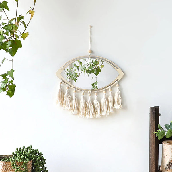 Macrame Mirror Eye Decorative Mirrors Wooden Home Wall Decor Boho Evil Eye Makeup Mirror Bedroom Living Room Tassel Decoration