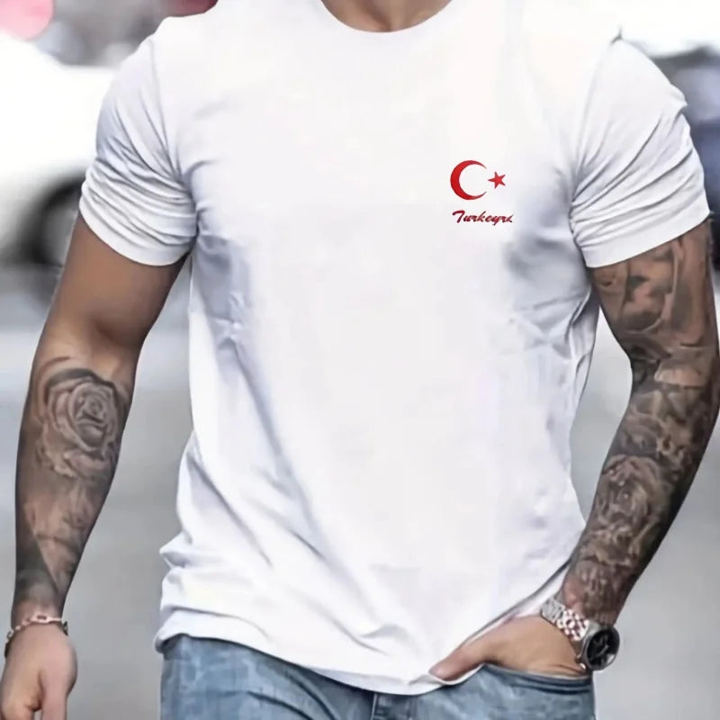 2024 Men's 100% Pure Cotton Short Sleeved T-shirt, Round Neck Top, Letter Pattern Print, Comfortable, Casual, Summer, Loose Size