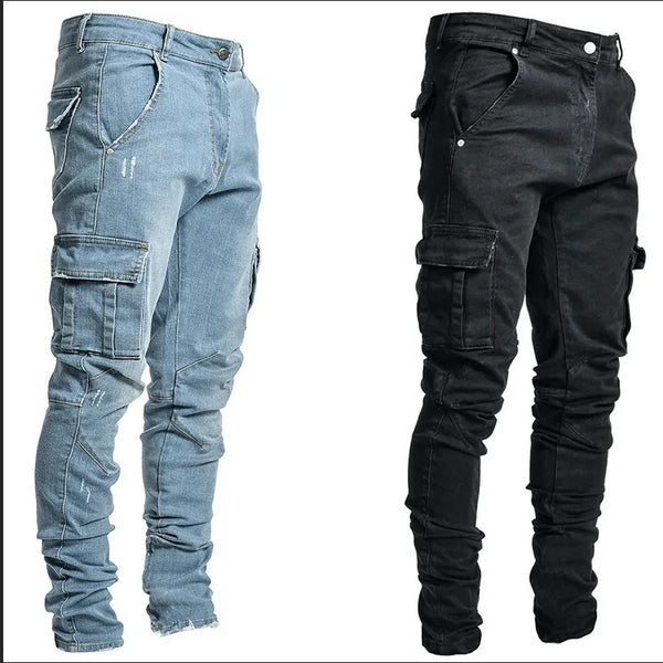 Jeans Men Black Cargo Pants Multi Pockets Denim Pantalones Blue Slim Fit Overol Hombre Fashion Casual Streetwear Trousers 3XL